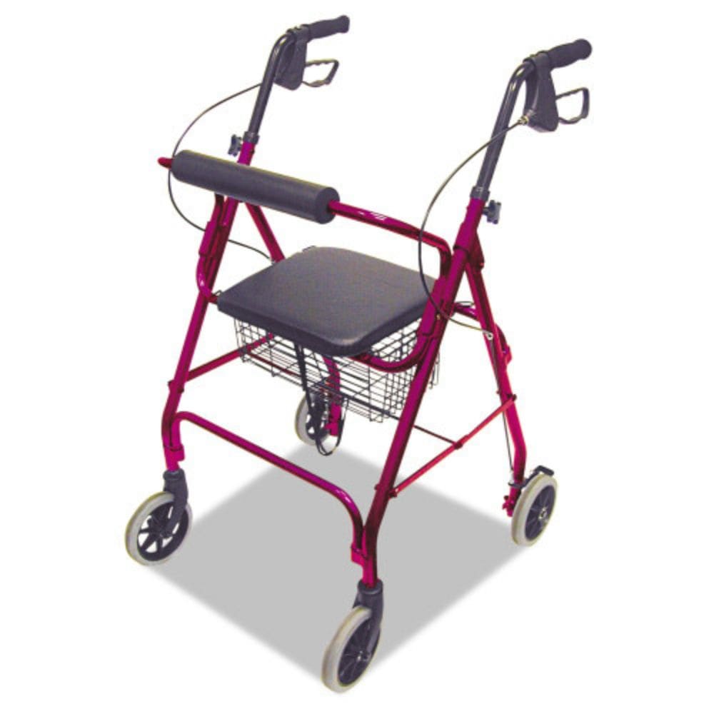 Pink walker with wheels and a seat on a white background