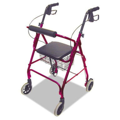 Pink walker with wheels and a seat on a white background