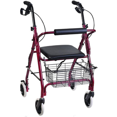 Red walker with a seat and basket on a white background