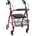 Red walker with a seat and basket on a white background