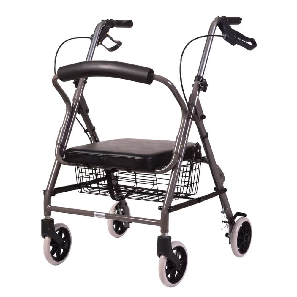 Black walker with seat and basket on a white background