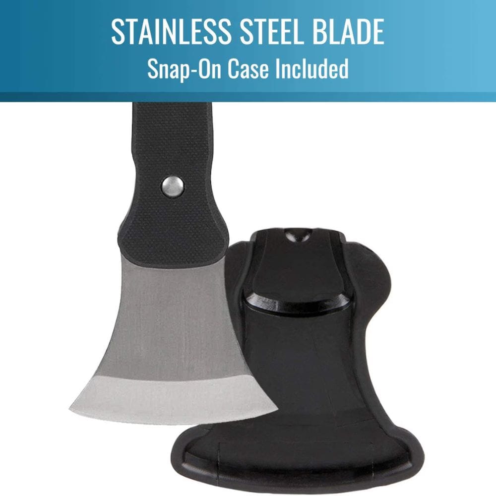 Black axe with stainless steel blade and snap-on case on a white background