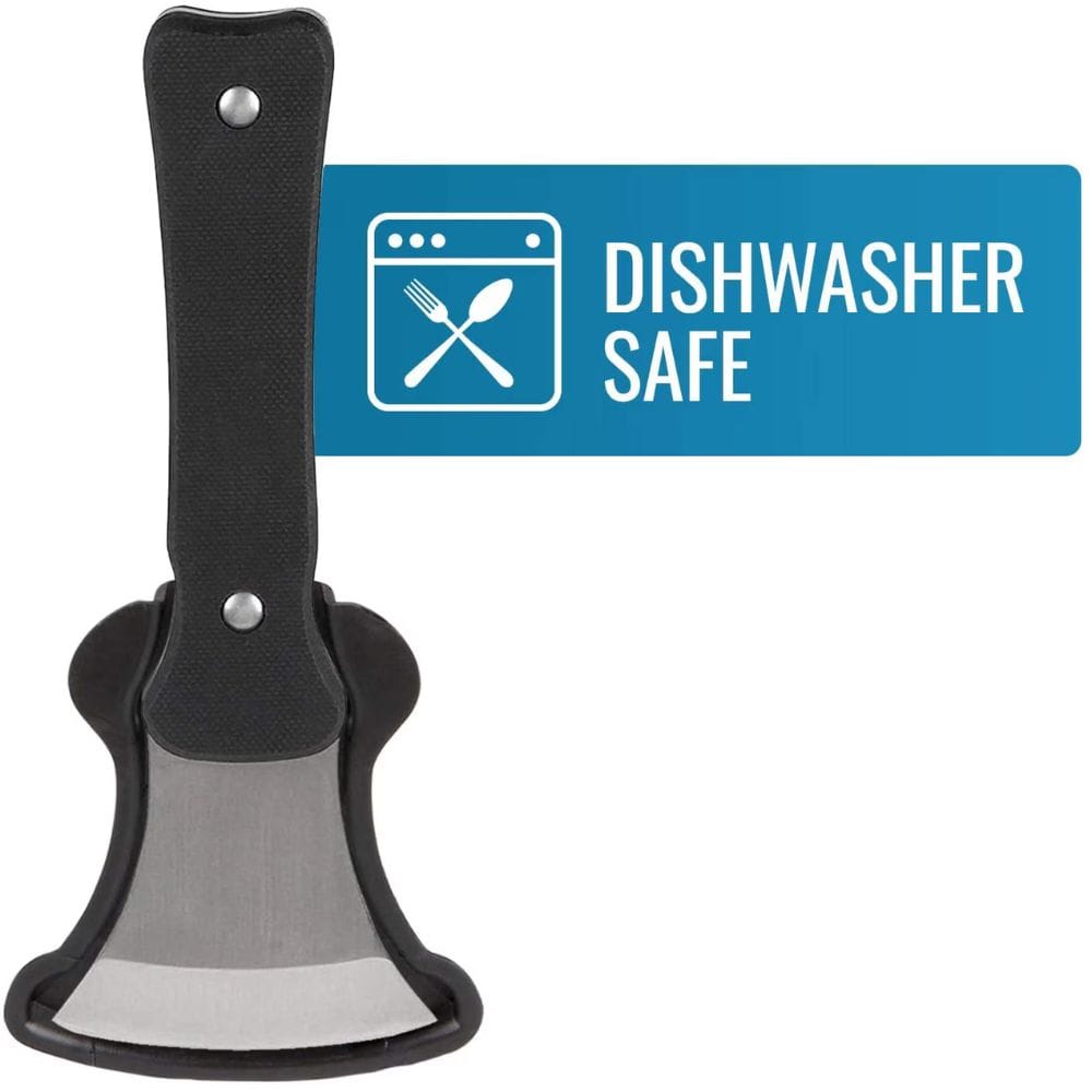 Black-handled axe with a 'Dishwasher Safe' label on a white background