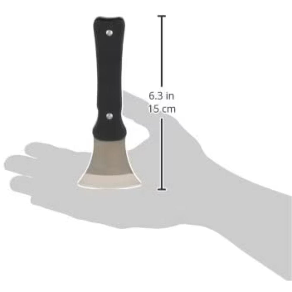Hand holding a small axe with measurements indicated on a white background