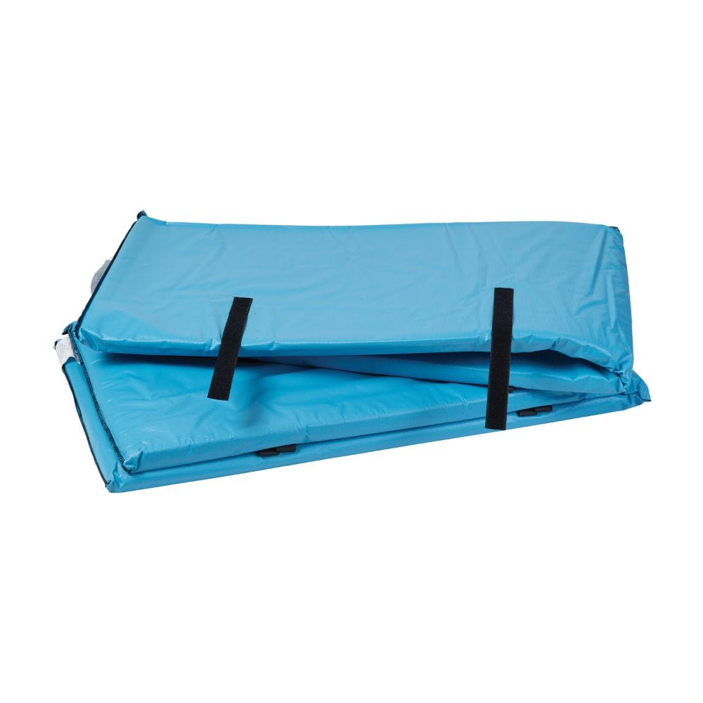 Blue inflatable mat with black straps on a white background