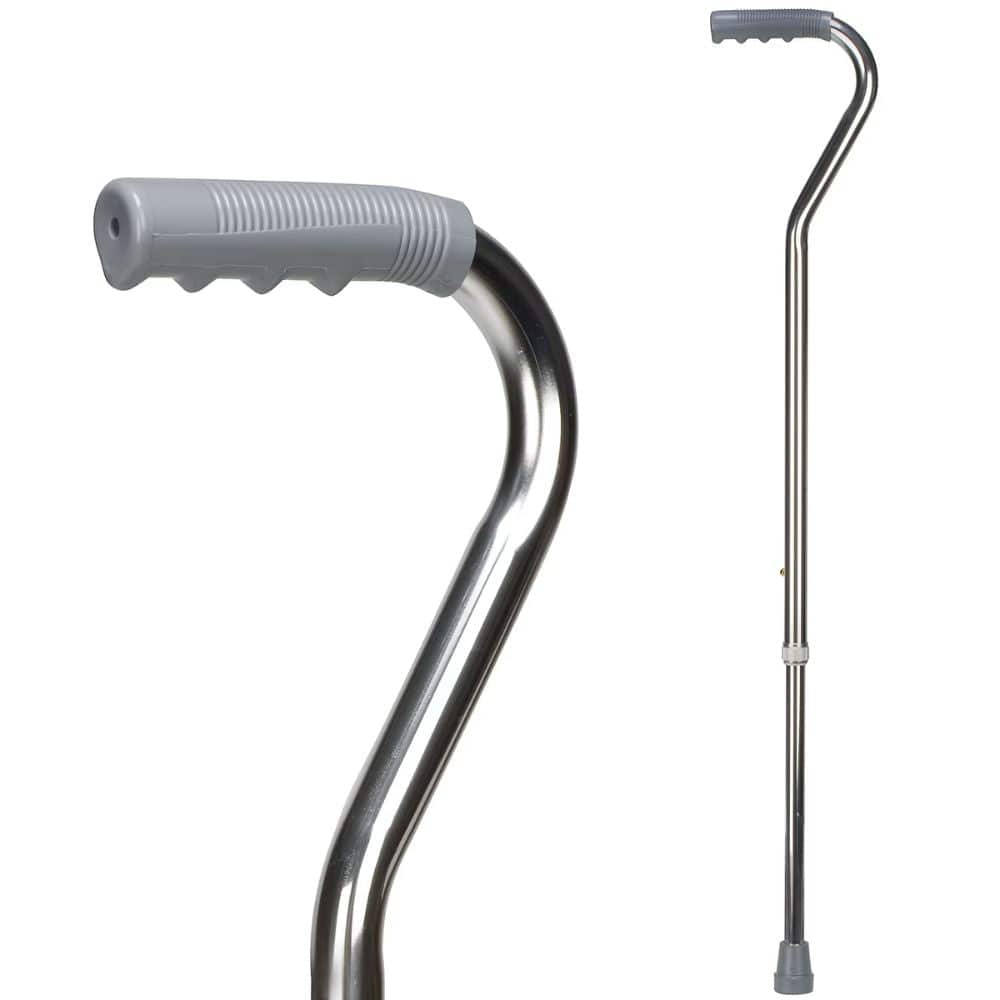 Silver walking cane with gray handle on a white background