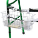 Bicycle basket attached to a green bicycle frame with a white container inside.