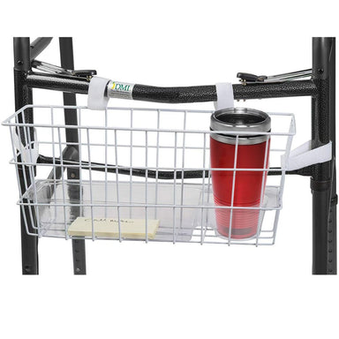 Metal bike basket with a red cup and yellow paper attached to it.