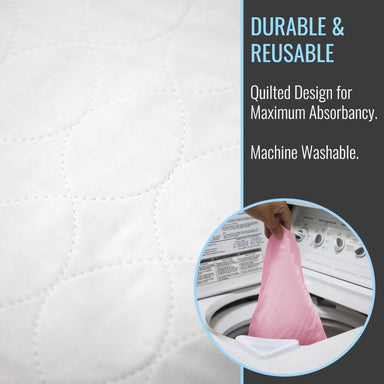 Quilted white pad with text about durability, reusability, and machine washability.