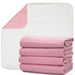 Pink and white baby changing pads shown on a clean white background, with one pad unfolded to display both sides and a stack of folded pink pads in front.