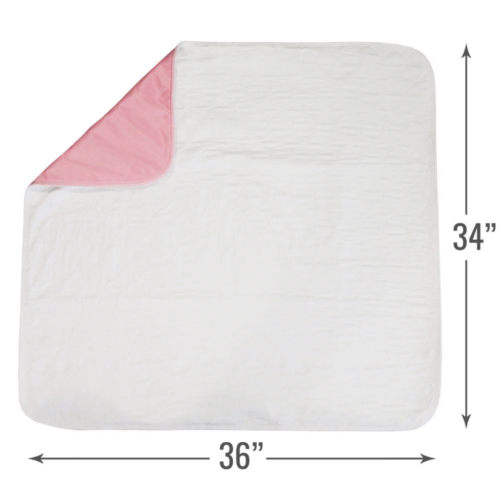A white muslin blanket with a pink reverse side, shown with dimension arrows indicating measurements of 36 inches by 34 inches on a white background.