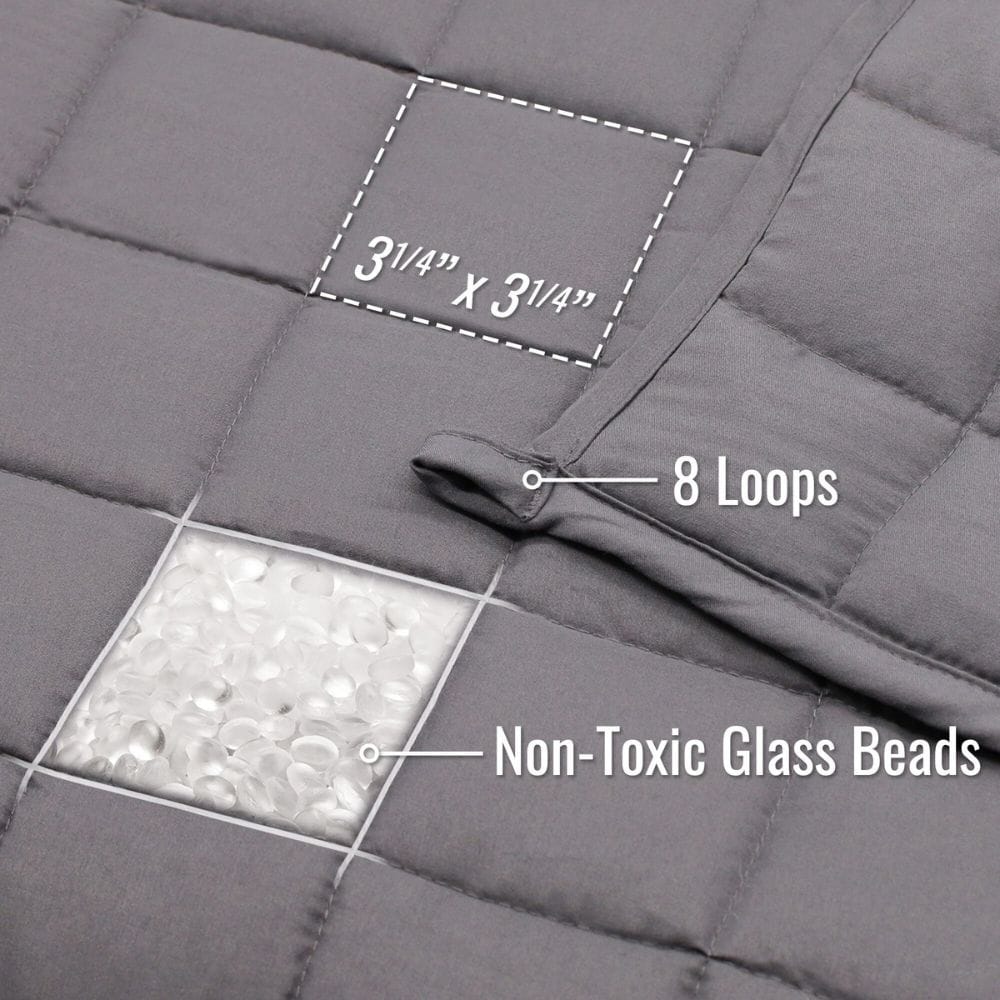Gray weighted blanket with text labels on non-toxic glass beads and dimensions.