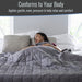 Woman lying in bed under a weighted blanket with text about conforming to body pressure.