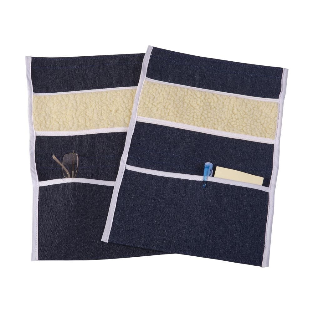 Two denim pouches with cream stripes and a pocket on a white background