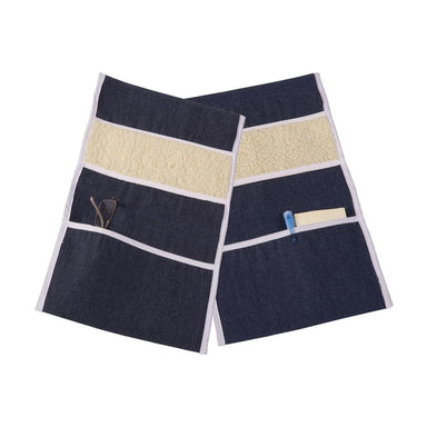 Navy apron with beige accents on a white background