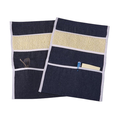 Two denim pouches with cream stripes and a pocket on a white background