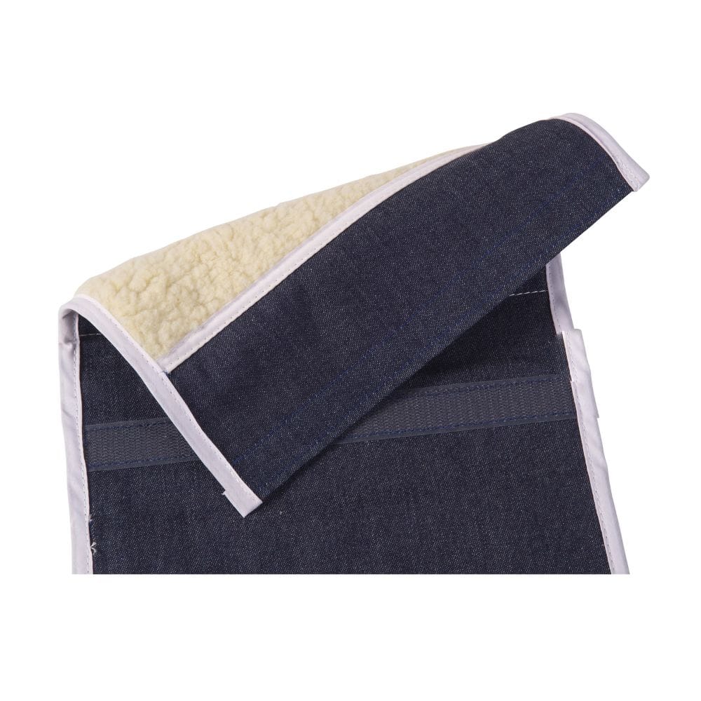 Folded denim fabric with a cream-colored interior on a white background