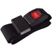 Black seat belt with red 'PRESS' label on a white background
