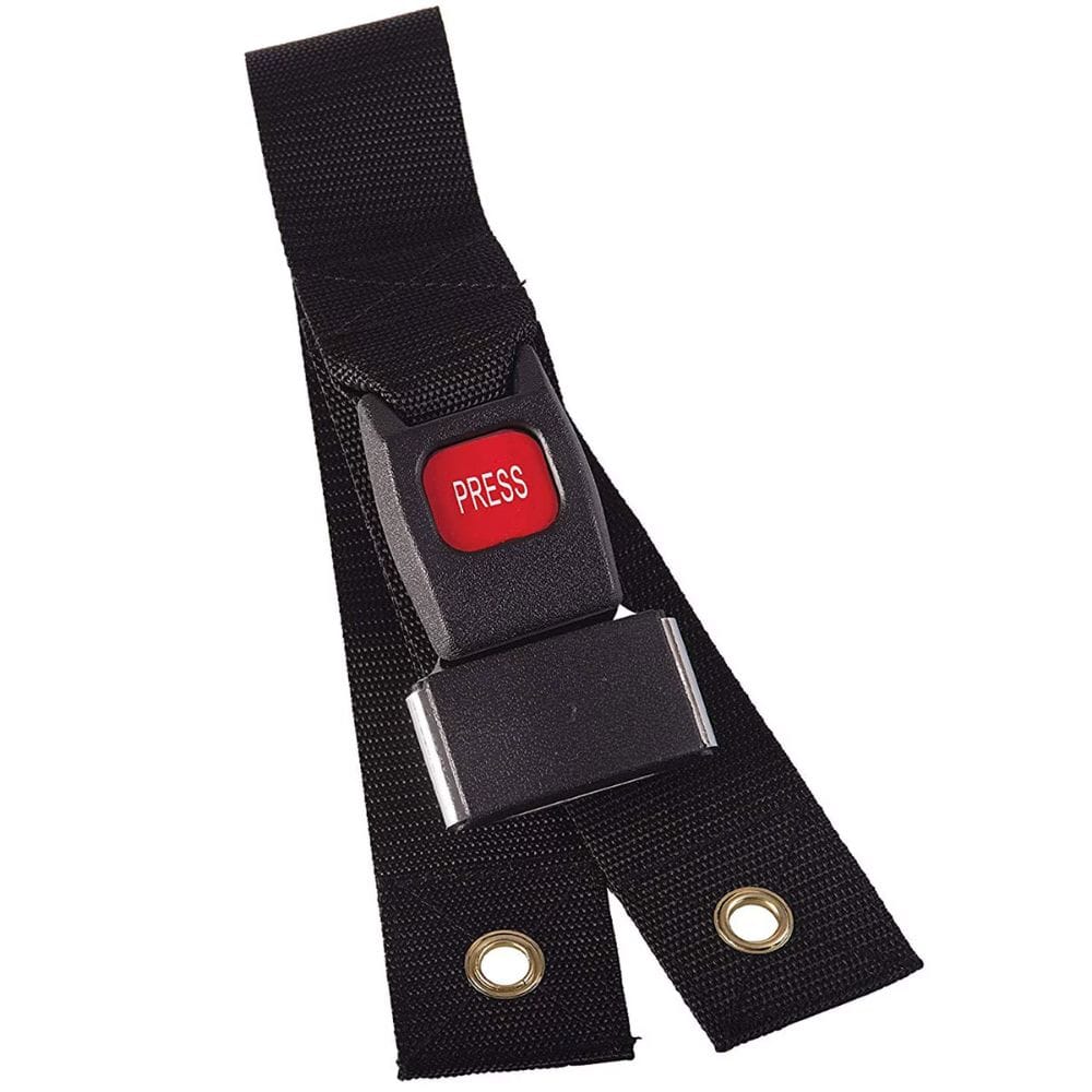 Black seat belt with a red 'PRESS' button on a white background