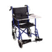 Blue and black wheelchair with a transparent tray on a white background