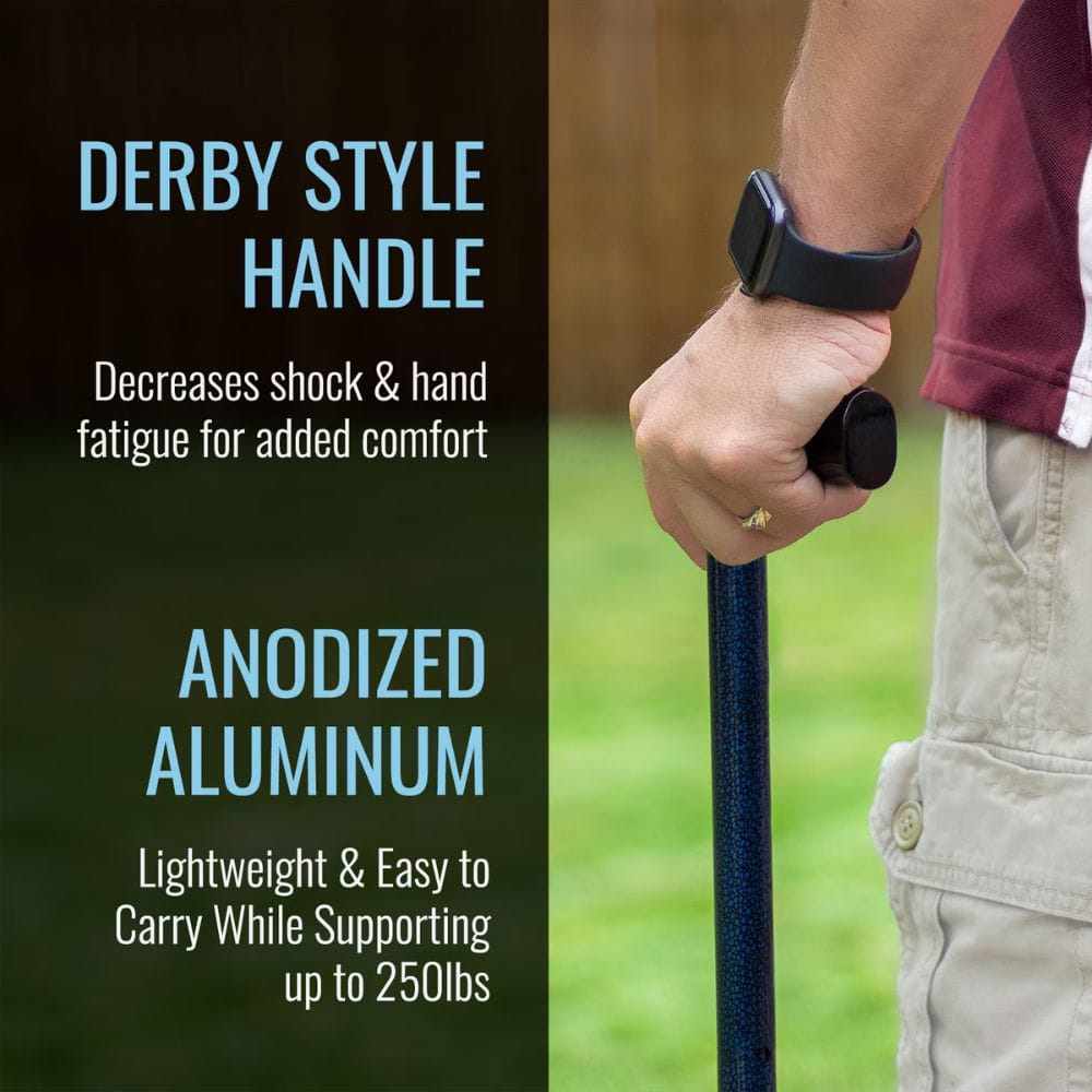Person holding a Derby style handle with text about its features.