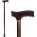 Wooden walking cane with a dark brown handle and red-brown shaft on a white background