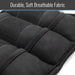 Close-up of black fabric with text 'Durable, Soft Breathable Fabric' above it.