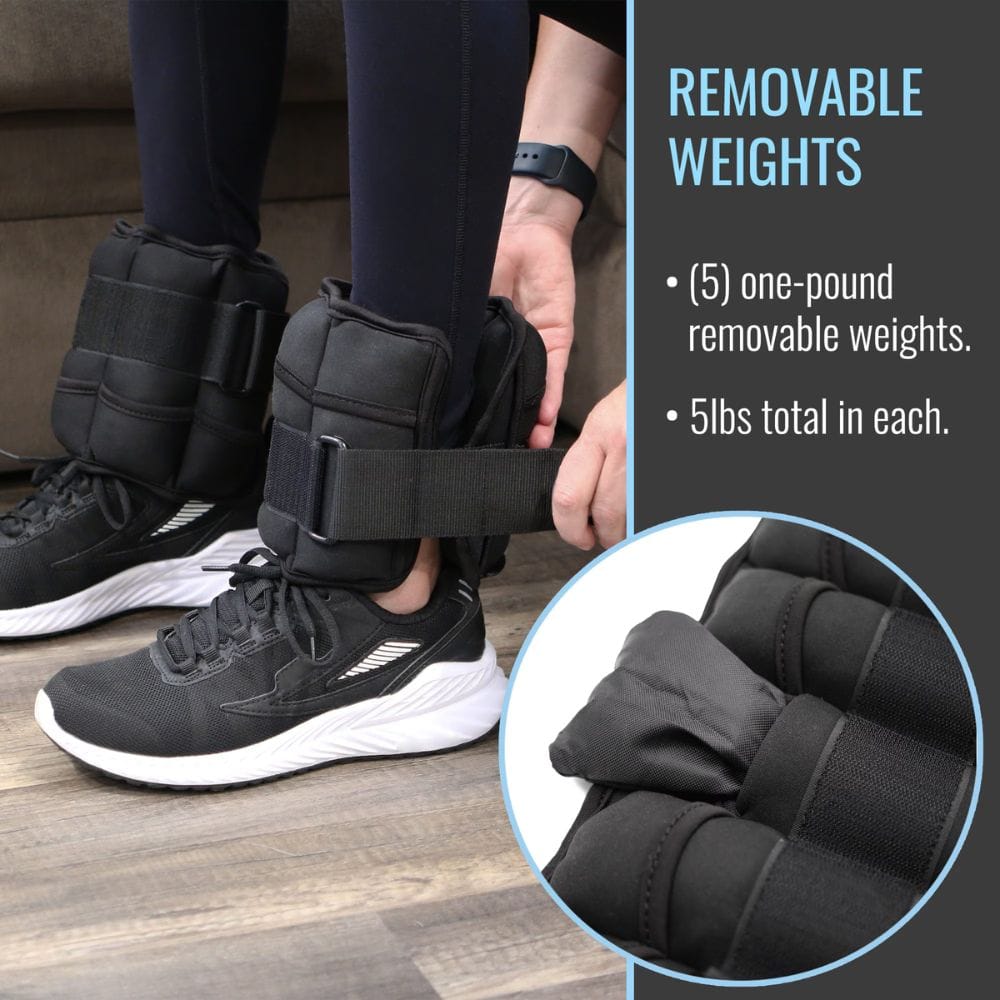 Person wearing ankle weights with text about removable weights on a gray background