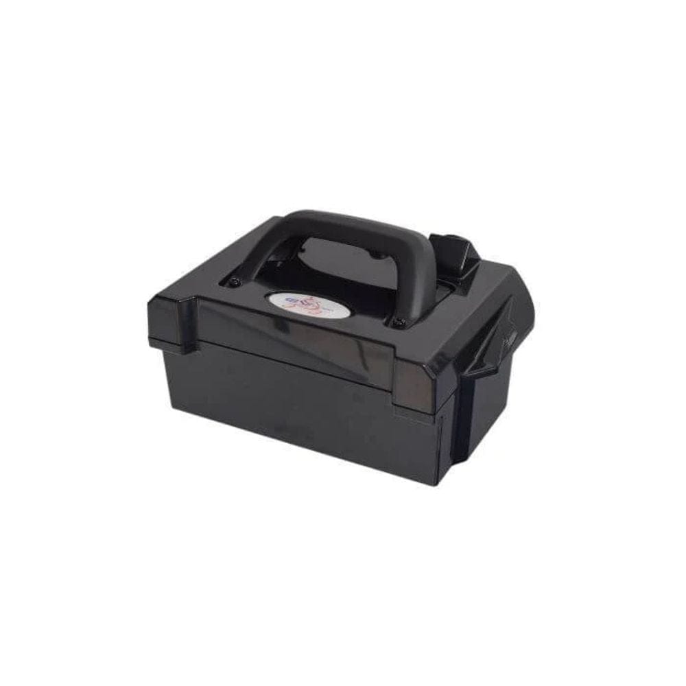 Black plastic tool box with a handle on a white background