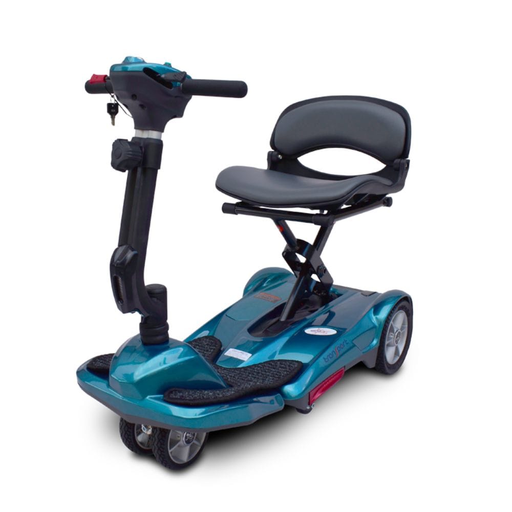 Blue mobility scooter with a seat on a white background
