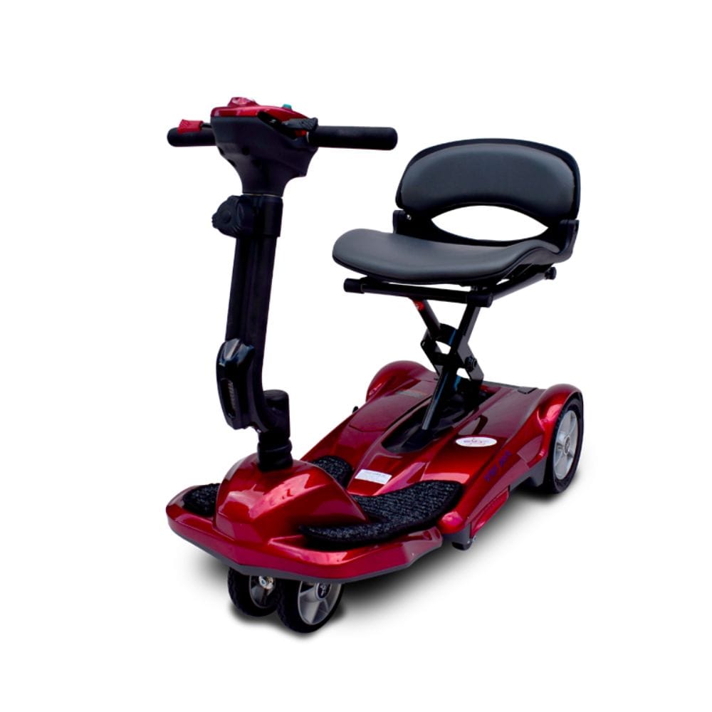 Red mobility scooter with a black seat on a white background