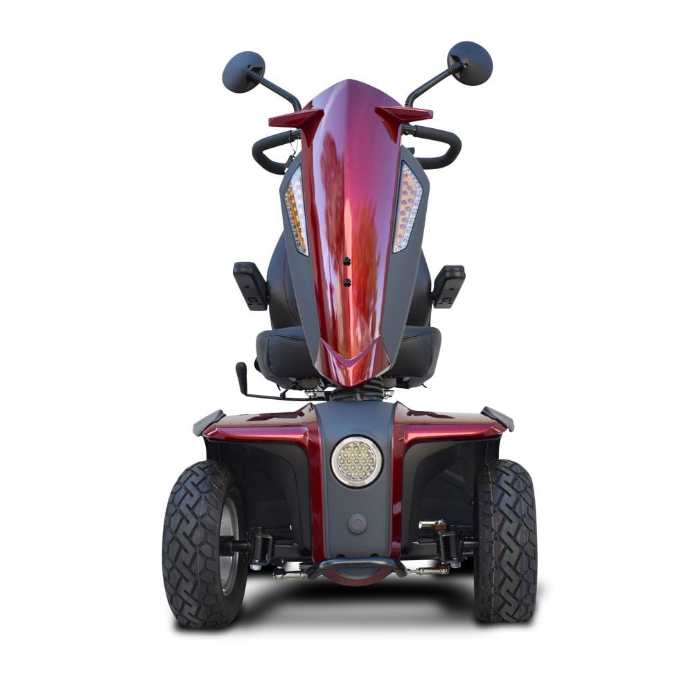 Red and black mobility scooter on a white background