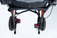 Rear view of the Monarch Mobility Ezi-Fold Carbon showing the drive wheels, motors, and small anti-tip wheels.