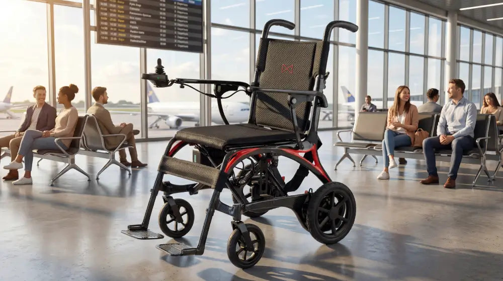 Monarch Mobility Ezi-Fold Carbon power wheelchair with orange frame accents displayed in an airport terminal, highlighting its travel-friendly design.