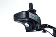 Close-up of the Monarch Mobility Ezi-Fold Carbon joystick controller with its built-in LED pathway light illuminated.