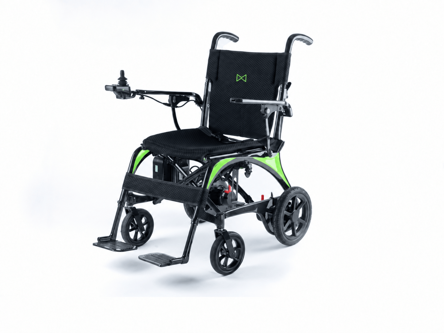Monarch Mobility Ezi-Fold Carbon power wheelchair with black seating, bright green frame accents, joystick control, and swing-away footrests.