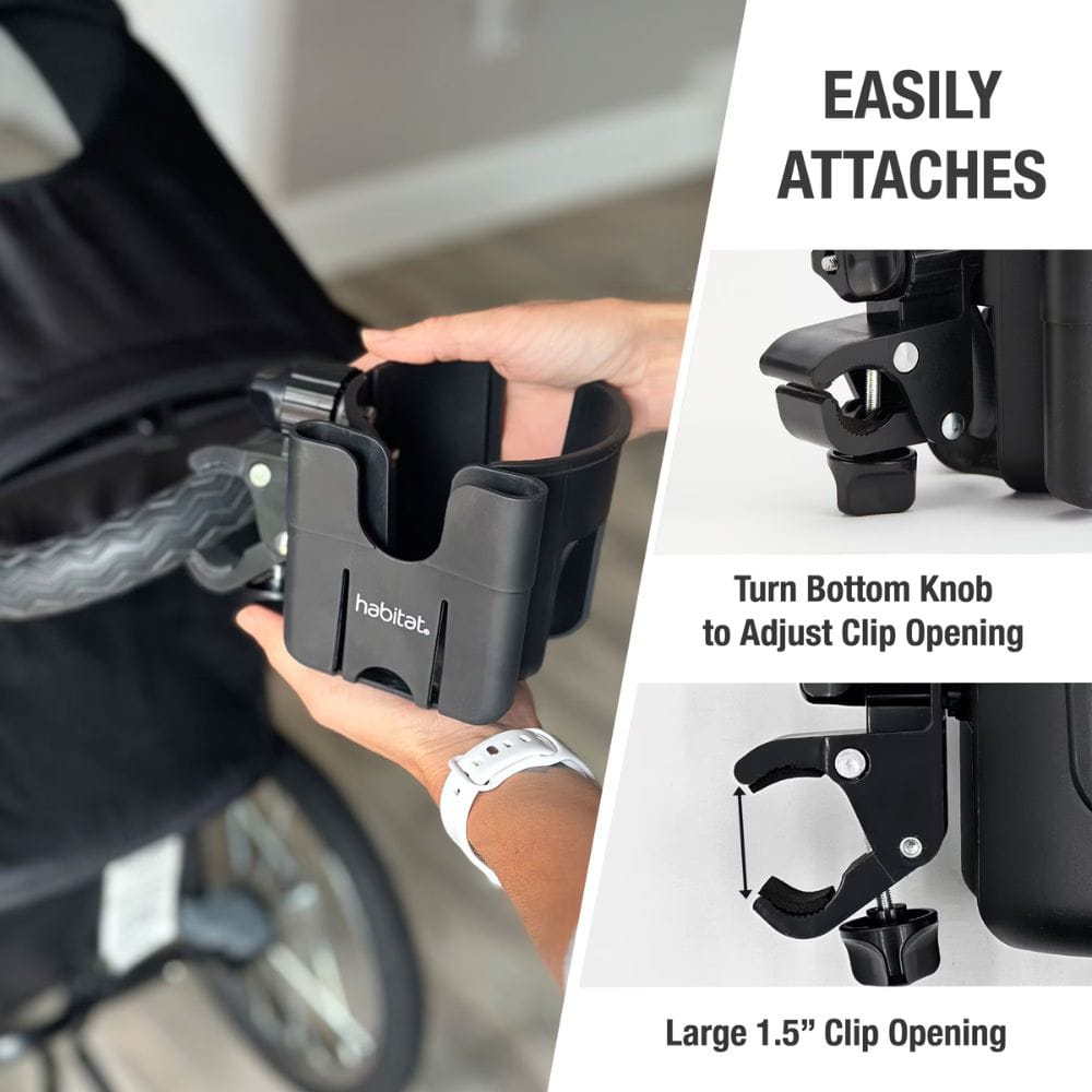 Hand holding a black cup holder attached to a vehicle, with text on how to easily attach it.