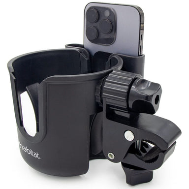 Black cup holder with phone mount on a white background