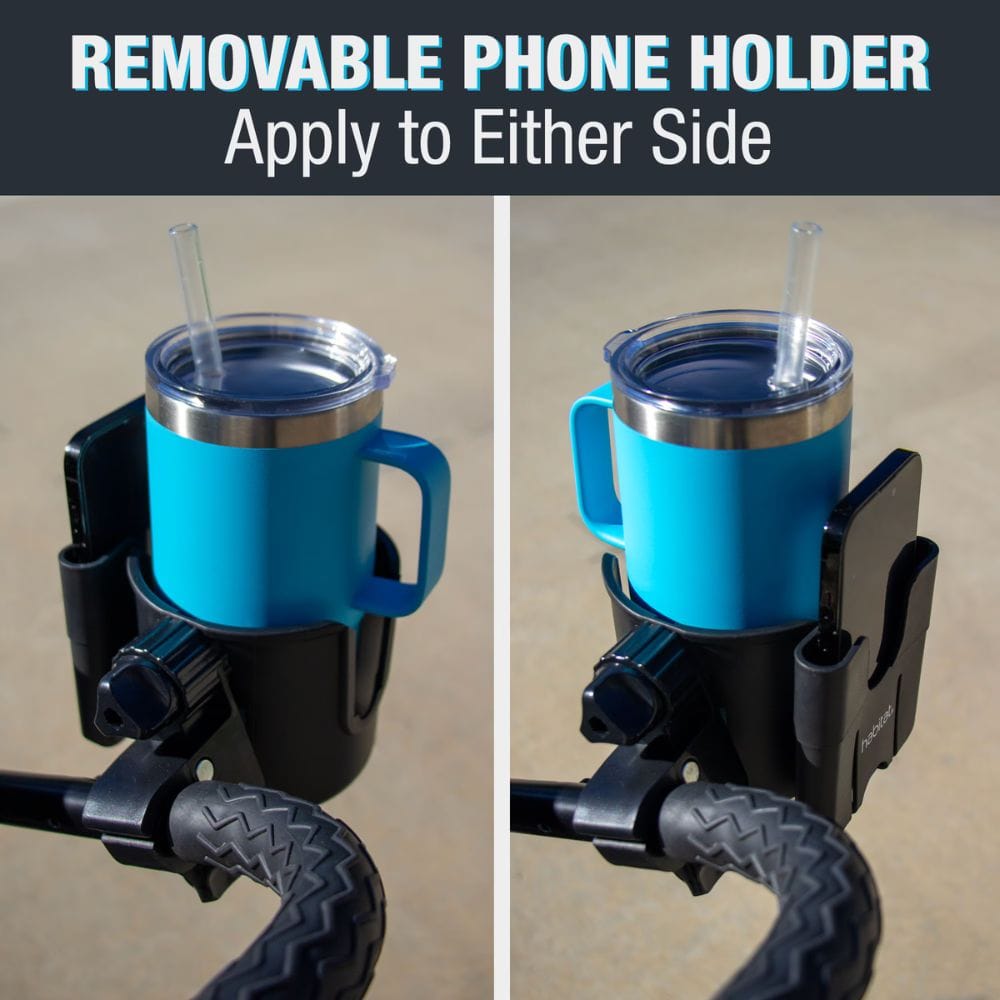 Removable phone holder applied to a blue mug on a beige background