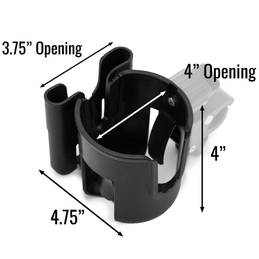 Black cup holder with measurements labeled on a white background