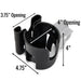 Black cup holder with measurements labeled on a white background