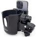 Black cup holder with phone mount on a white background