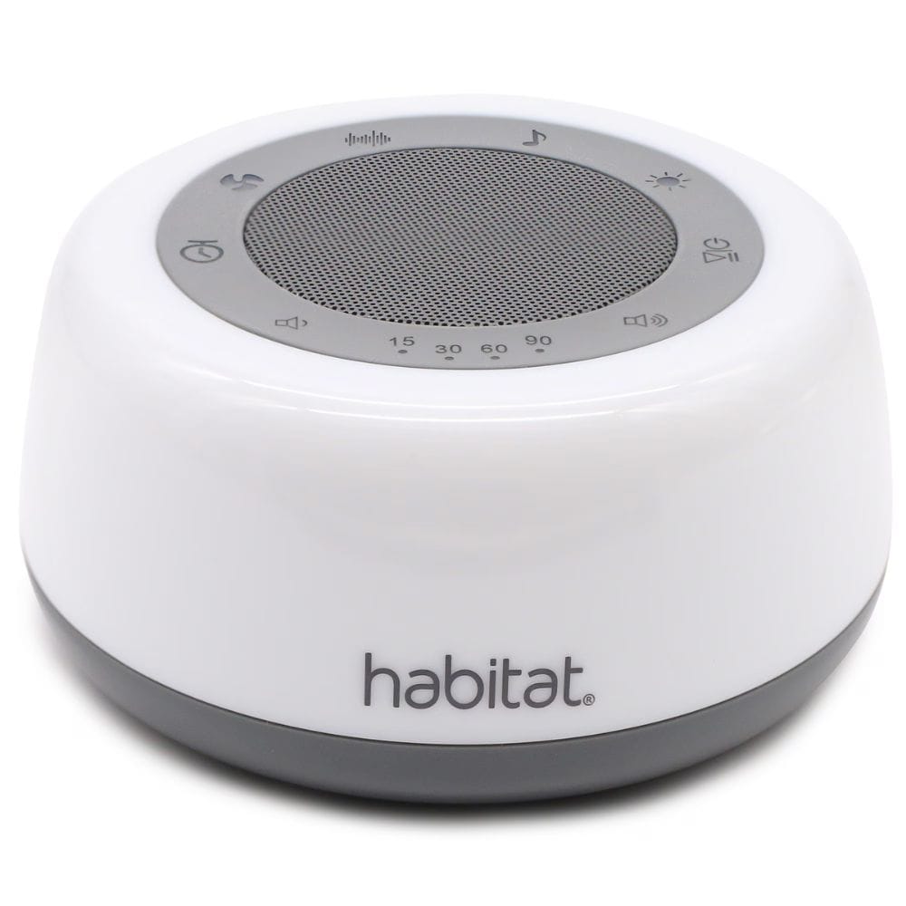 White and gray noise machine with 'habitat' branding on a white background