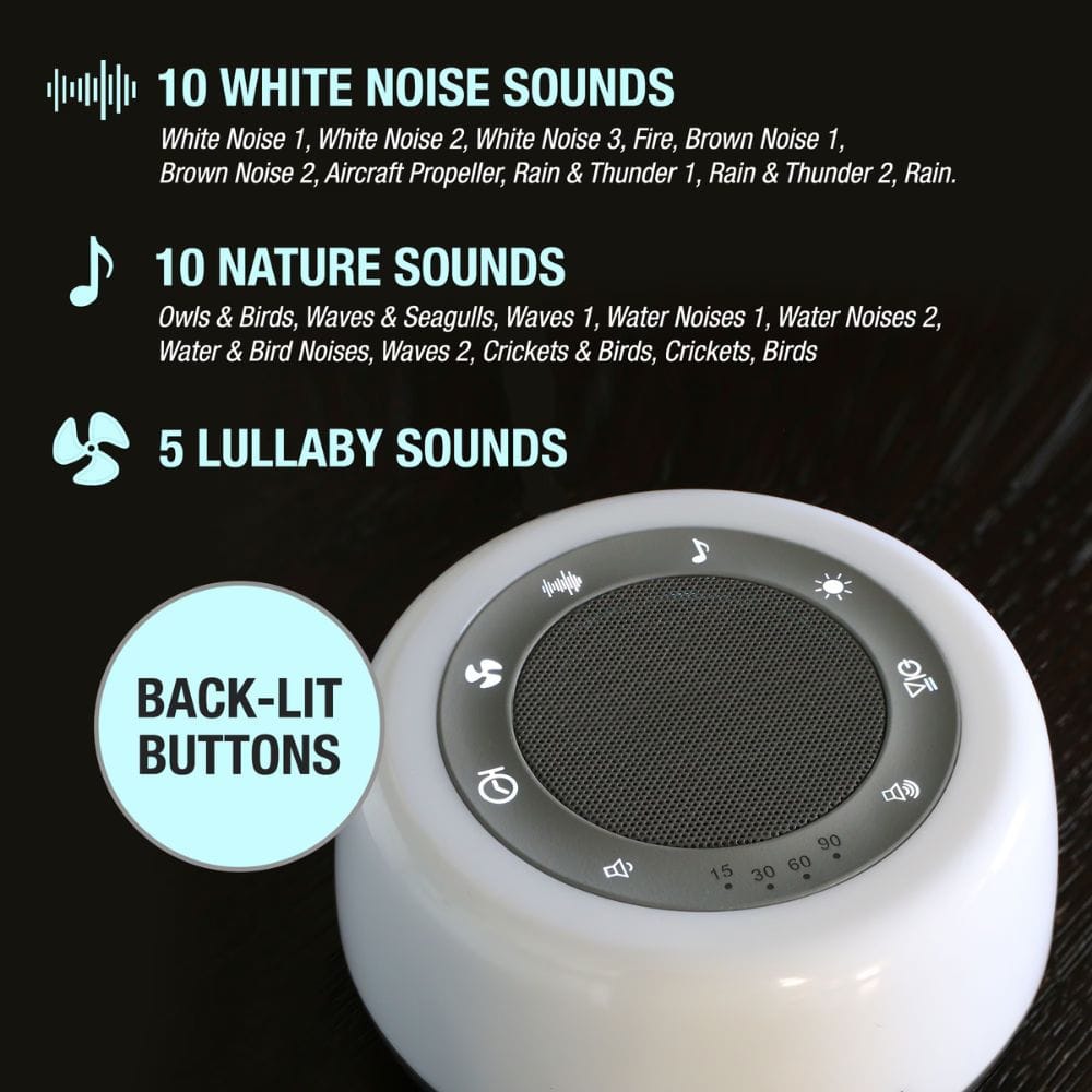 White noise machine with sound options listed on a black background