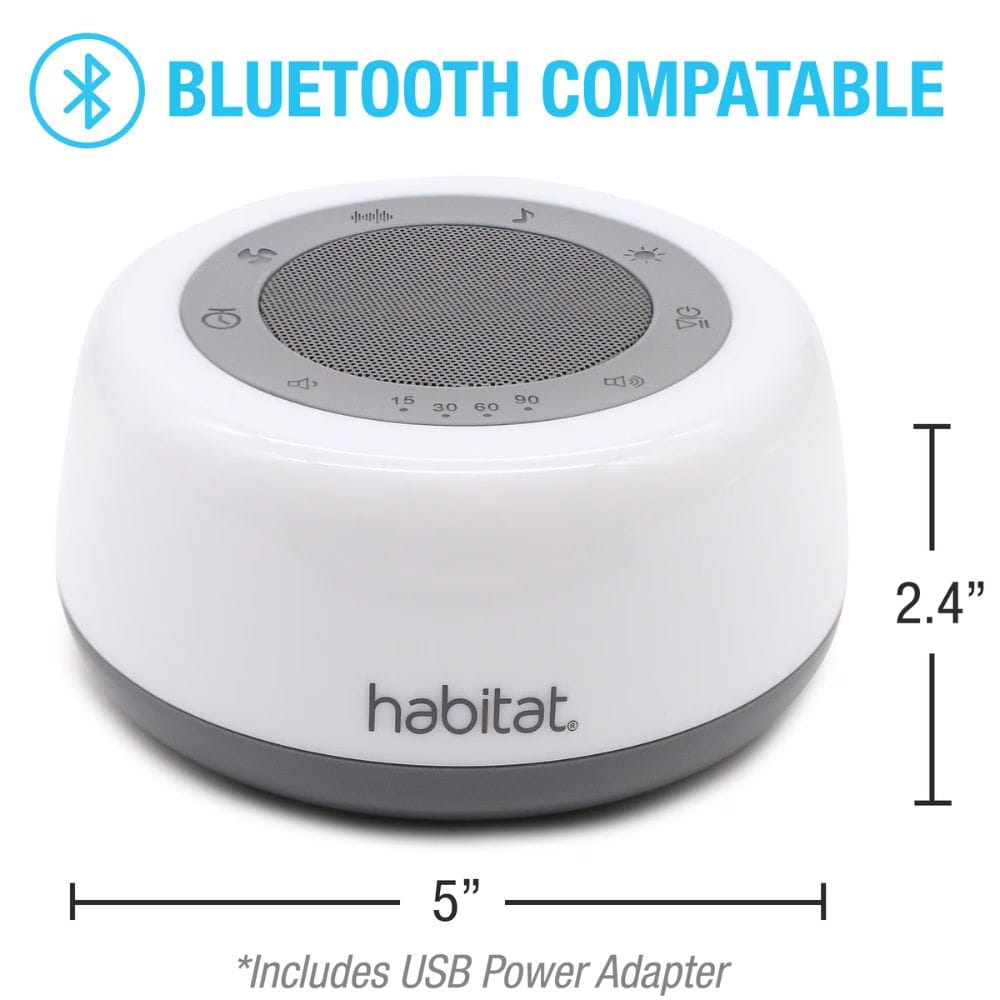White and gray Bluetooth-compatible speaker with dimensions and USB power adapter information on a white background.