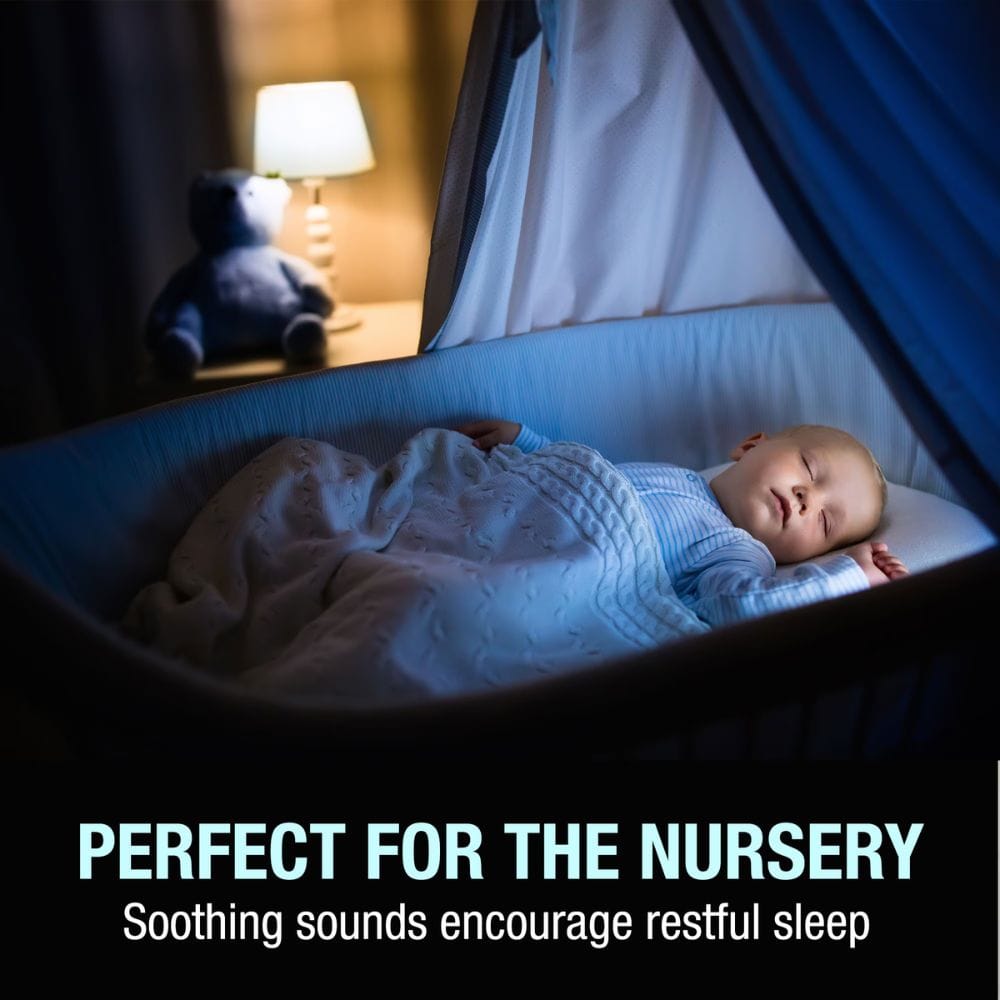 Baby sleeping in a crib with a nightlight and teddy bear, text 'Perfect for the nursery' and 'Soothing sounds encourage restful sleep'.