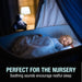 Baby sleeping in a crib with a nightlight and teddy bear, text 'Perfect for the nursery' and 'Soothing sounds encourage restful sleep'.