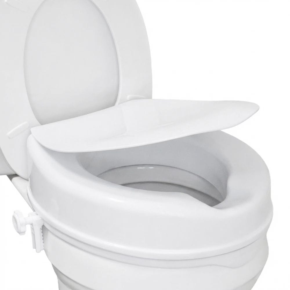 White toilet seat with a raised platform on a white background