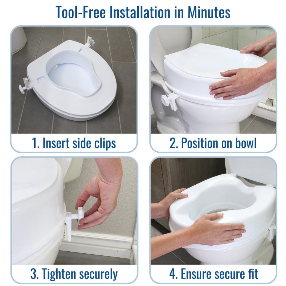 Four-panel installation guide showing how to fit a white toilet seat lid with side clips. The panels include labeled steps: insert side clips, position on bowl, tighten securely, and ensure secure fit, with hands visible in some panels.