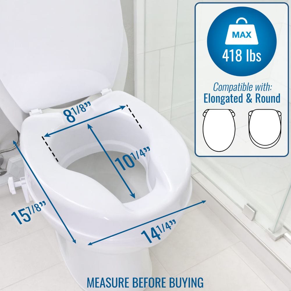 A white toilet with a seat lid open, overlaid with blue measurement arrows and dimensions for the bowl opening. An inset box in the top right shows the maximum weight as 418 lbs and compatibility with elongated and round toilets, with the text 'MEASURE BEFORE BUYING' at the bottom.